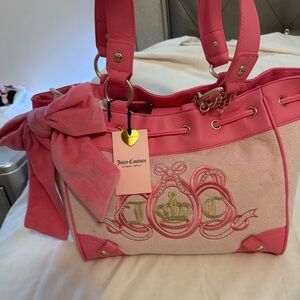Juicy Couture Pink Bow Tote with Gold Crest Embroidery